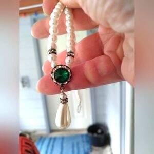 Faux pearl necklace emerald diamonds